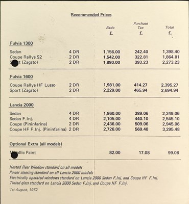 Lot Lancia Fulvia Sales Brochure / Poster