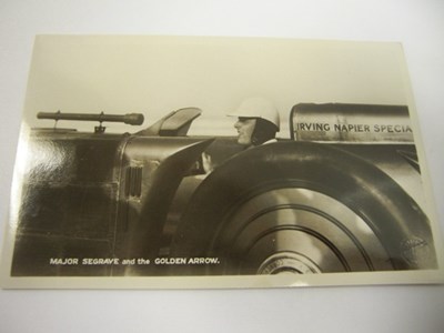 Lot A17 - A postcard from 17th April 1929 depicting the 1929 World Speed Record holding Golden Arrow of Sir Henry Segrave