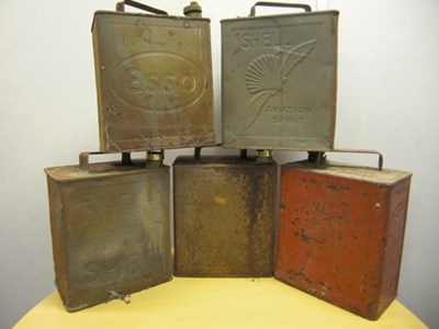 Lot A22 - A selection of five wonderfully patinated Petrol cans