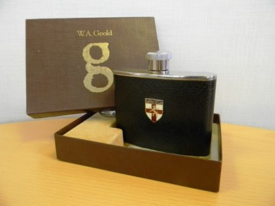 Lot 179 - A stainless steel black leather flask for the 1950's-1960's Lambretta Scooter owner by W.A. Goold..