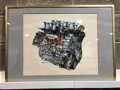 Lot 118 - An airbrush cutaway artwork of the Ford Cosworth DFV V8 engine