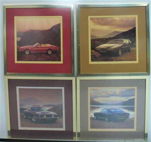 Click for high resolution Lot 10 - Four framed and glazed Aston Martin prints each showing a different model.