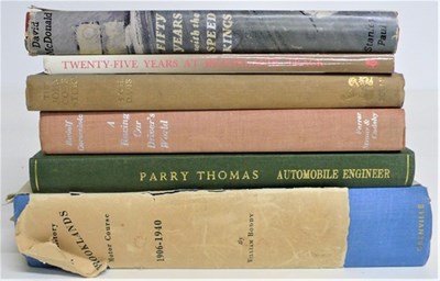 Lot 15 - Six motoring books including Brooklands Motor Course, 25 Years of Brooklands, Parry Thomas, John Cobb, Fifty Years of the Speed King and Caracciola.