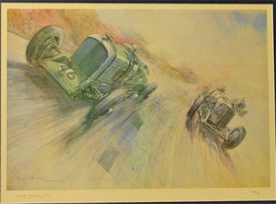 Lot 20 - A limited edition Bryan de Grineau print ‘Bentley at Brooklands’, showing Jack Dunfee in the Speed Six Bentley passing Zehender in the Mercedes at the Brooklands 500 mile race in 1931