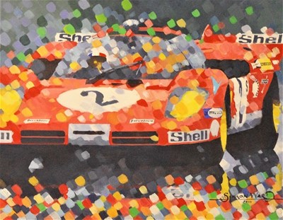 Lot 39 - A striking Simon Ward acrylic on canvas painting showing the thundering Ferrari 312PB at speed. 50x40cm.