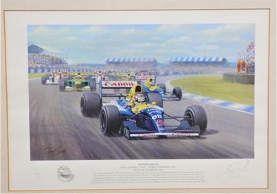 Lot 69 - A limited edition framed and glazed print by Tony Smith showing Damon Hill driving a Renault Williams at Suzuka in 1996. Number 612/750 and signed by the artist.