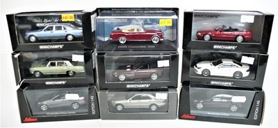 Lot 78 - Nine 1/43 scale Mercedes-Benz model cars including 280SE cabriolet, 560SEL, CLK cabriolet, CLS and others.