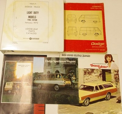 Lot 12 - An original Dodge compact model A-100, A-108 Sportsman wagon service manual, a parts catalogue and three brochures.