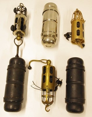 Lot 43 - Three early vehicle lead lights and three Lucas bulb holders as fitted to early Roll-Royce motor cars.