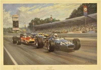 Lot 68 - An evocative Alan Fearnley print ‘Close Finish’ showing Jackie Stewart winning the 1969 Italian Grand Prix