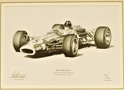 Lot 69 - A framed and glazed limited edition print (number 32 of 250) showing Graham Hill in the Lotus 49