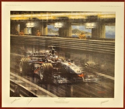 Lot 70 - A stunning framed and glazed limited edition print by Juan Carlos Ferrigno showing Mika Häkkinen in the McLaren Mercedes MP4/13 at Monaco in 1998.