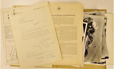 Lot 78 - A selection of Mercedes-Benz papers, articles and photos, also a Mercedes-Benz cigarette lighter.