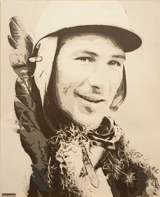 Click for high resolution Lot 82 - A black and white photo print on canvas of a young Stirling Moss
