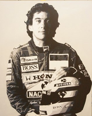 Lot 83 - A black and white photo print on canvas of the legendary Ayrton Senna