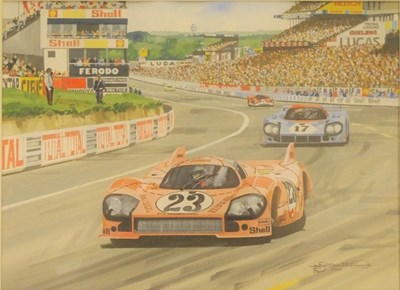 Lot 112 - An original framed and glazed watercolour by Simon Ward of the infamous Porsche 917/20 ‘Pink Pig’ as raced at Le Mans in 1971