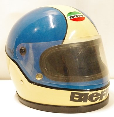 Lot 120 - An early full face Bieffe crash helmet, finished in blue and white, as used by the Italian driver Pier Pablo Bianchi.