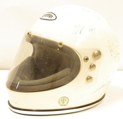 Lot 123 - An early full face Griffin crash helmet finished in white and signed by various motorsport legends