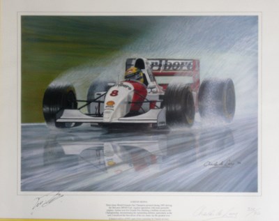 Lot 17 - A framed and glazed print showing Ayrton Senna driving a McLaren