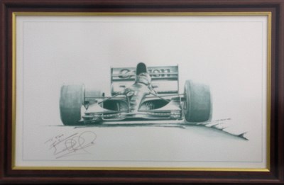 Lot 19 - A framed and glazed print showing Nigel Mansell driving a Williams