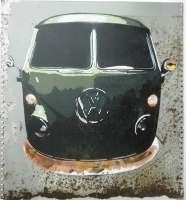 Lot 62 - An art piece showing a Volkswagen Kombi split screen camper van.