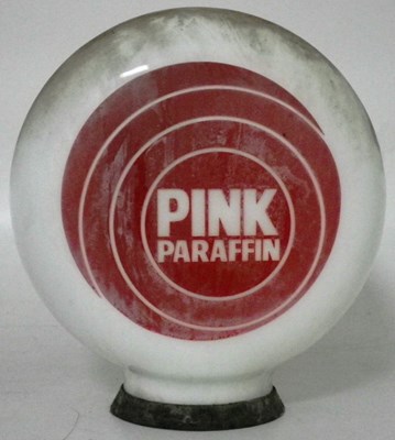 Lot 74 - A paraffin pump globe by Hailware and an original pink paraffin enamel wall sign