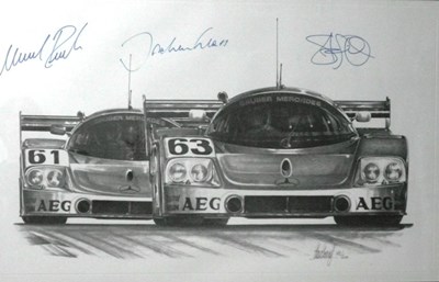 Lot 92 - A framed and glazed limited edition print showing the 1989 Mercedes-Benz C9 race cars